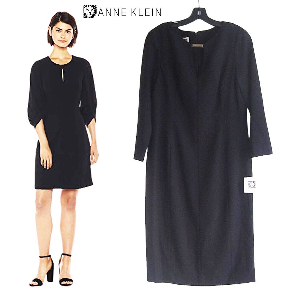 ANN KLEIN NEW Minimalist Keyhole Metal-Bar 3/4-Sleeve Fitted Shift Dress 10